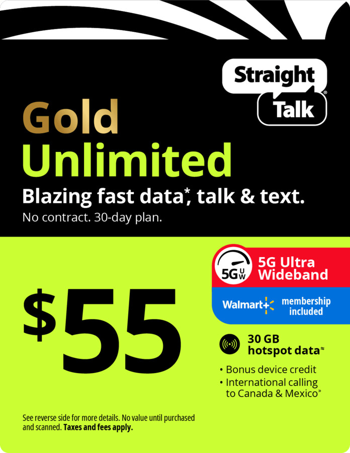 Straight Talk $55 Gold Unlimited Talk, Text & Data 30-Day Prepaid Plan + 30 GB Hotspot Data + Cloud Storage & Int'l Calling Direct Top Up
