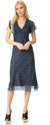 Anna Sui Rosebud Print Metallic Crinkle Chiffon Midi Dress