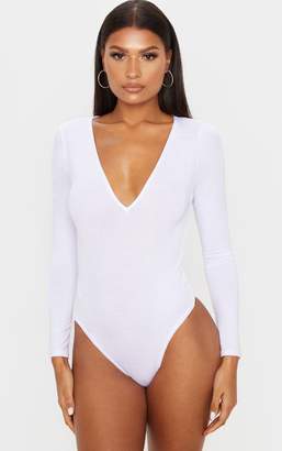 PrettyLittleThing Basic White V Neck Long Sleeve Bodysuit