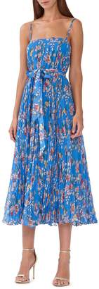 ML Monique Lhuillier Capri Floral-Print Pleated Sleeveless Tie-Waist Midi Dress