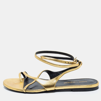 Saint Laurent Gold Leather Strappy Ankle Wrap Flat Sandals Size 35.5 -  ShopStyle