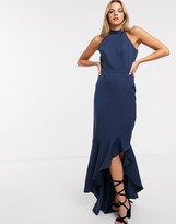 Thumbnail for your product : Chi Chi London fitted midi dress with high low hem and bow back in navy