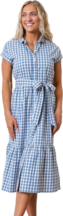 Hope & Henry Women's Short Sleeve Button Front Tiered Midi Dress with Waist Sash