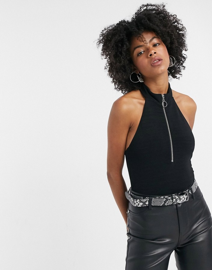 Topshop zip front bodysuit in black - ShopStyle