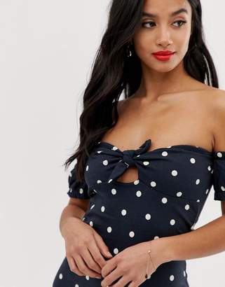 ASOS DESIGN Petite off shoulder crinkle sundress with puff sleeve in spot print