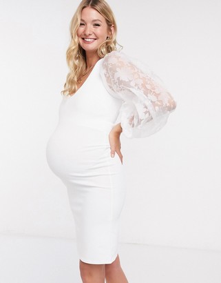 Queen Bee Maternity lace organza puff sleeve bodycon dress in white