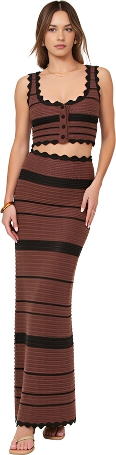 Modenaire Women's Scallop Trim Crochet Striped Knit Crop Top and Maxi Skirt Set