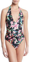 Thumbnail for your product : Carmen Marc Valvo Tie-Front Floral V-Neck One-Piece Swimsuit