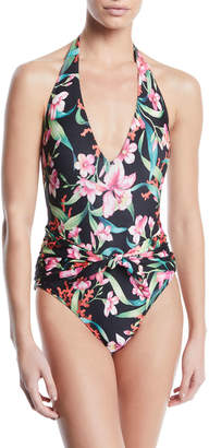 Carmen Marc Valvo Tie-Front Floral V-Neck One-Piece Swimsuit