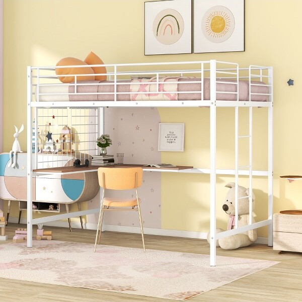 FullSizeMetalLoftBedwithDeskandMetalGrid,Space-SavingStudyBedFrame,White-HABITRIO