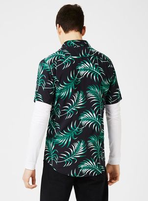 Topman Green and Black Palm Print Short Sleeve Casual Shirt