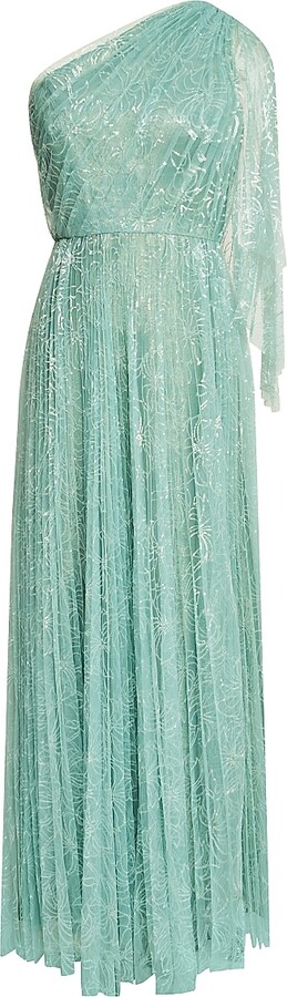 Women's Carol Sequined Tulle One-Shoulder Gown - Aqua Mist - Size 0