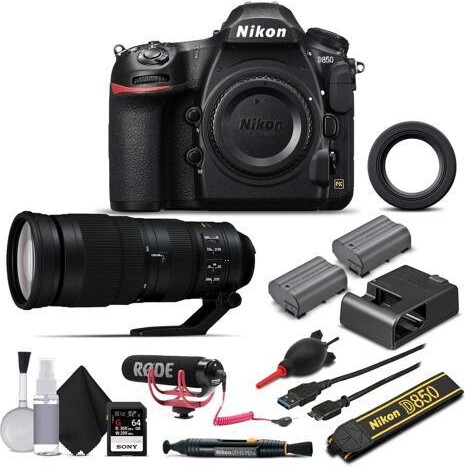 Nikon International Nikon D850 Digital SLR Camera W/ Nikon AF-S FX NIKKOR 200-500mm f/5.6E ED Lens, 64GB Memory Card, Soft Bag, Rode Mic, Extra Battery, Plus 2 Year...