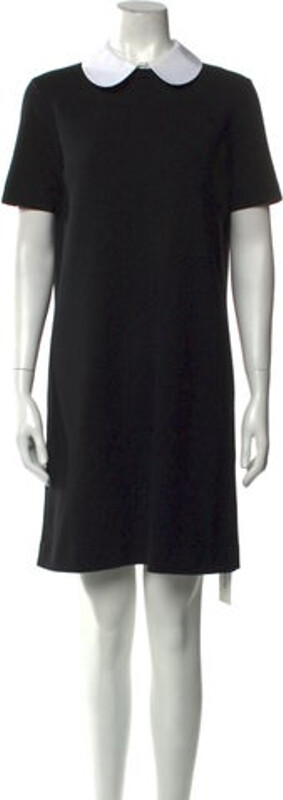 Tory Burch Merino Wool Shift Dress Black Short Sleeve with Mock Neck Concealed Zip Closure at Back Designer