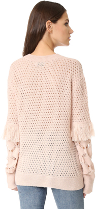 Tanya Taylor Cable Lace Naomi Fringe Sweater