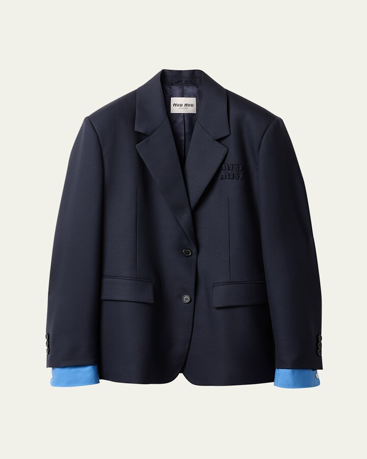 Miu Miu Logo Embroidered Oversized Wool Blazer Jacket