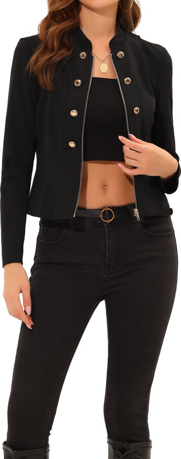 Unique Bargains Women’s Stand Collar Button Decor Zip Up Blazer Jacket