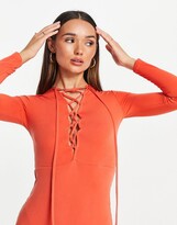 Thumbnail for your product : Flounce London satin bodycon mini dress with lace up front detail in burnt orange