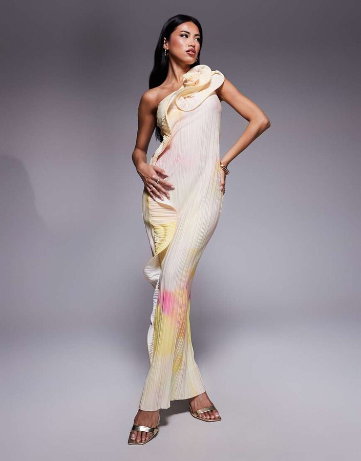 ASOS DESIGN one shoulder plisse with curly fallen swirl trim plisse midi dress in print