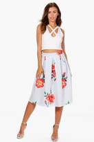 Thumbnail for your product : boohoo Petite Amy Striped Floral Pleat Midi Skirt