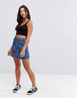 Brave Soul Poppy Button Through Denim Skirt with Embroidery