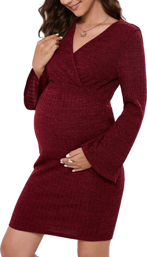 KOJOOIN Maternity Dress Rib Knit Wrap V Neck Bell Long Sleeve