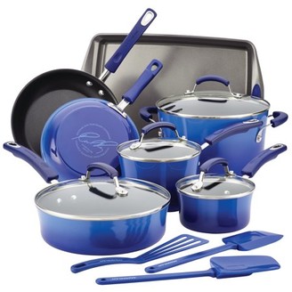 Rachael Ray 14-Piece Hard Porcelain Enamel Nonstick Pots and Pans Sets/Cookware Set, Blue