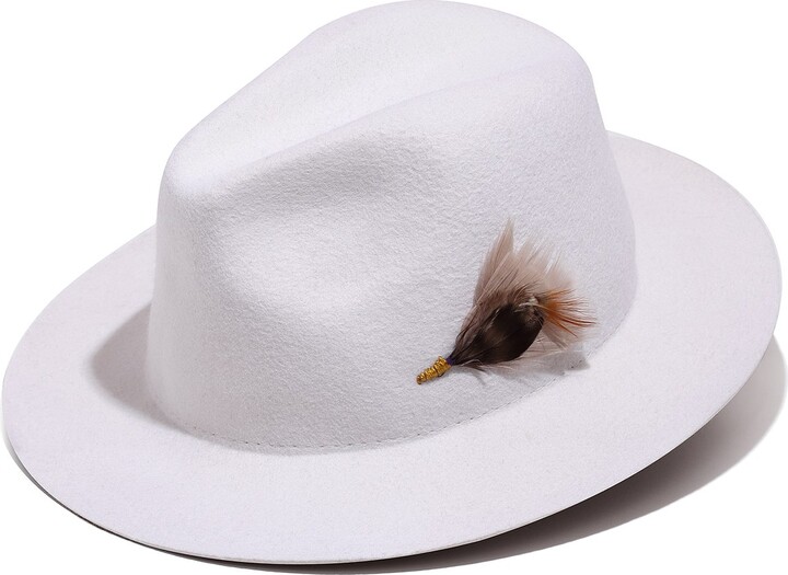 Wide Brimmed Fedora Hat with Removable Country Feather Brooch - Farmington