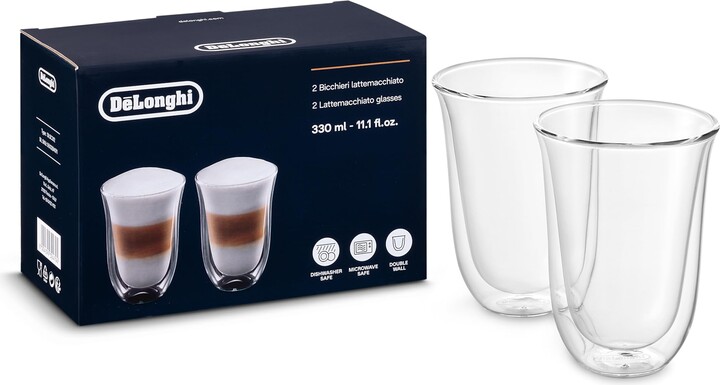 De'Longhi DeLonghi Double Walled Thermo Latte Glasses, Set of 2, 2 Count (Pack of 1), Clear, 330 milliliters