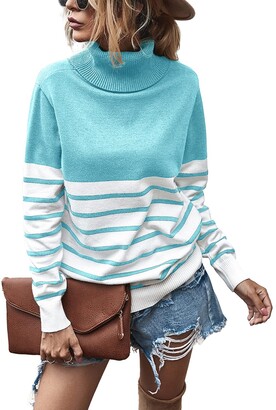Krisimil Autumn Sweater for Women Casual Chunky Comfy Tops Pullover Turtleneck Stripe (L