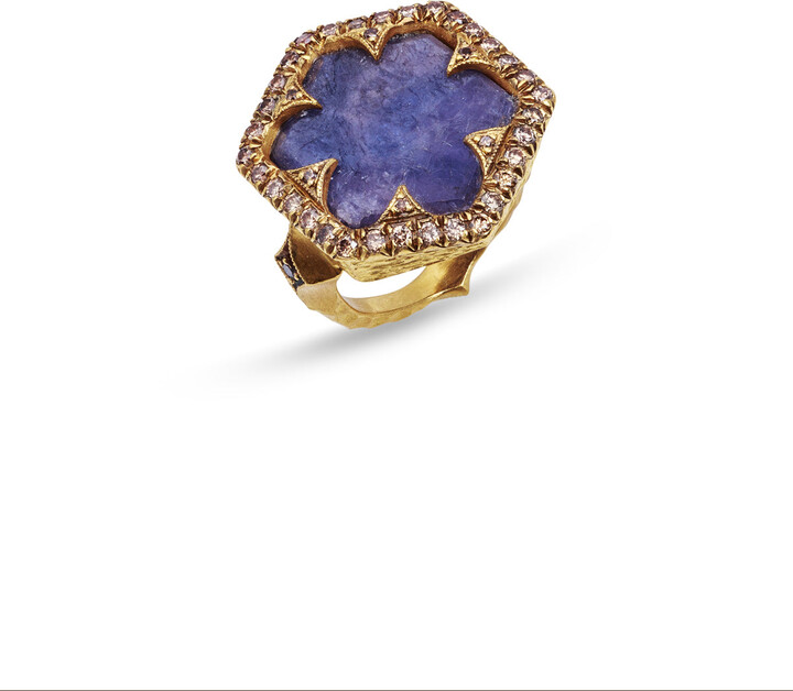 Cathy Waterman Cognac Diamond Framed Rustic Sapphire Hex Yellow Gold Ring