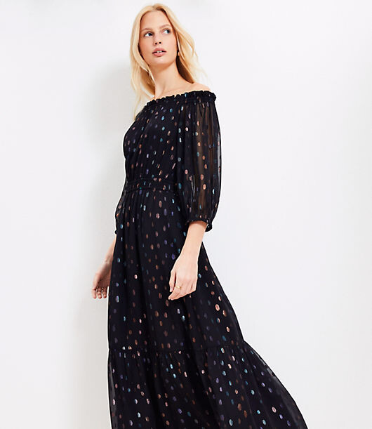 LOFT Shimmer Clip Balloon Sleeve Off The Shoulder Midi Dress