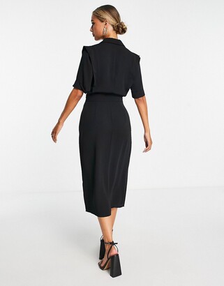 ASOS DESIGN wrap tux midi dress with shoulder pads in black