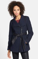 Thumbnail for your product : GUESS Asymmetrical Belted Coat with Faux Leather Trim (Online Only)
