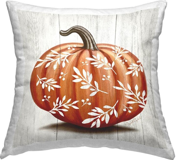 Rustic Seasonal Pumpkin Leaf Sprig Pattern Orange Floral Polyester 18in. X 18in. Throw Pillow