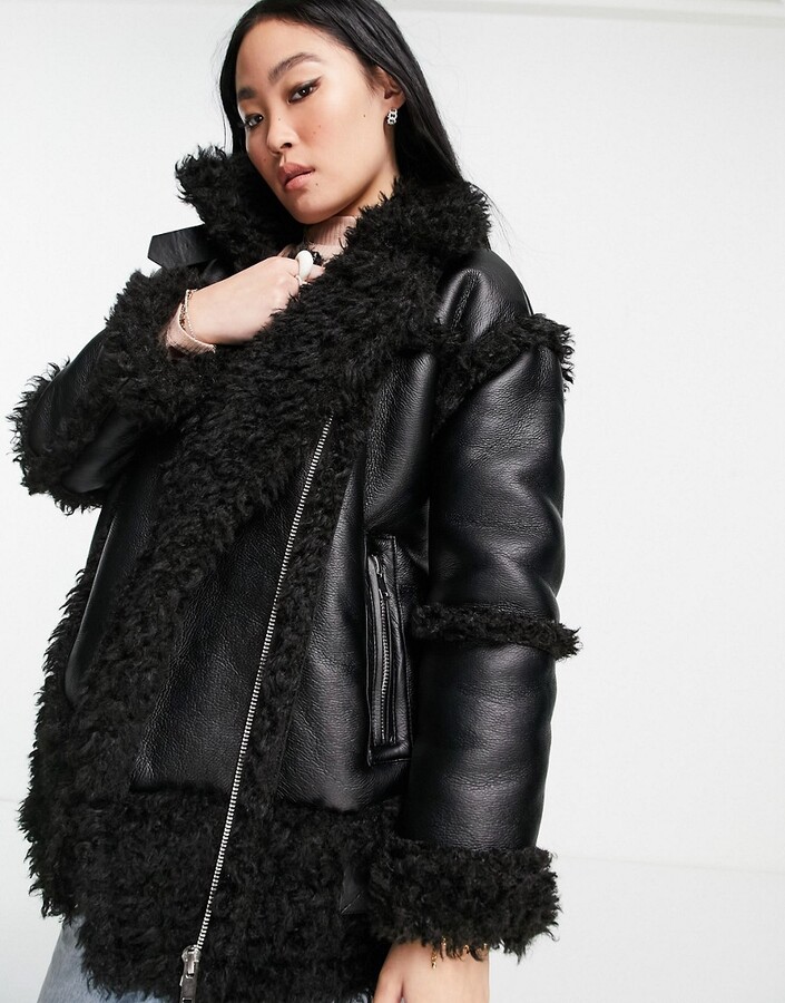 Topshop faux leather oversized biker jacket with faux fur details in black  - ShopStyle
