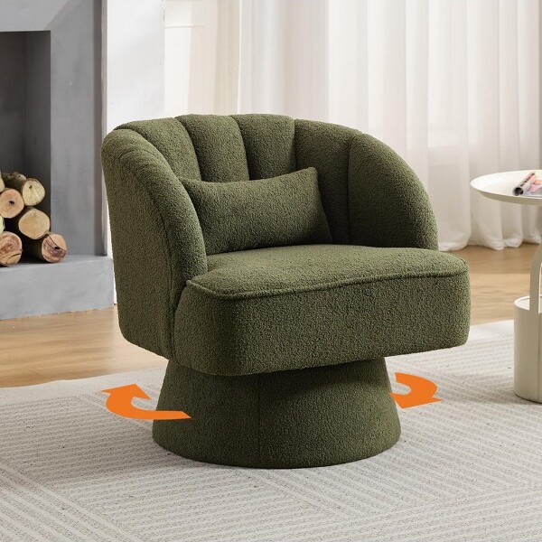 Jojoka ModernSwivelBarrelAccentChair360DegreeVelvetfleeceUpholsteredArmchairwithStripedBackrestGreen
