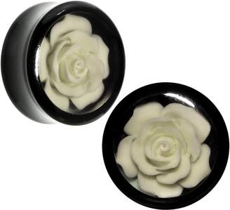 Body Candy Black Acrylic White Rose Insert Saddle Plug Set 24mm