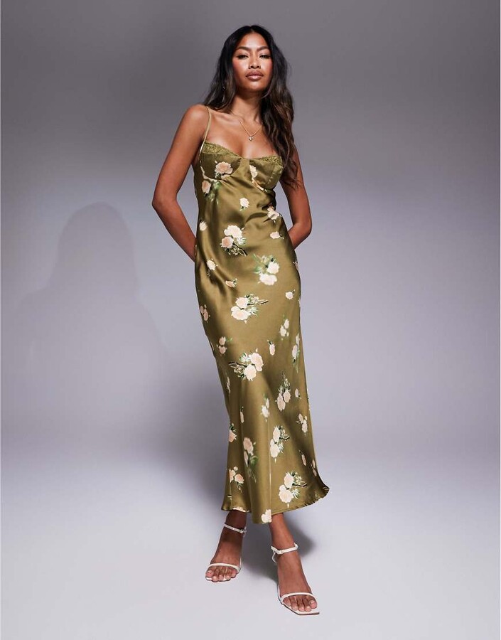 Love Triangle satin maxi dress with lace trim cups in dark olive green floral
