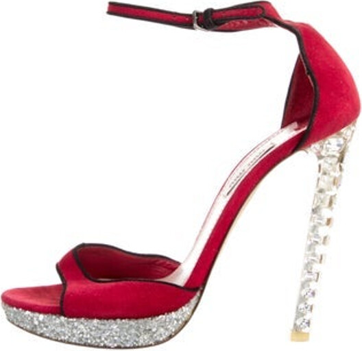Miu Miu Suede Sandals Red Crystal Embellishments Platform Wrap-Around Straps & Buckle Closure at Ankles