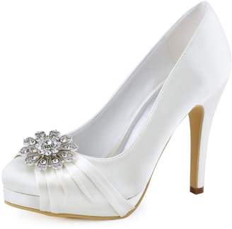 Elegantpark EP2015-NW Women High Heel Platform Pumps Closed Toe Buckle Satin Prom Dress Wedding Shoes Silver US 7