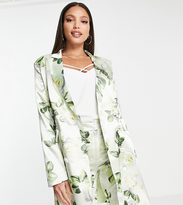 Liquorish Tall satin tailored double breast blazer with white rose print in  green - part of a set - ShopStyle
