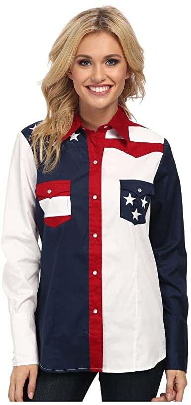 Roper Women's S/L Stars and Stripes Pieced Flag Red 3 Button-up 
