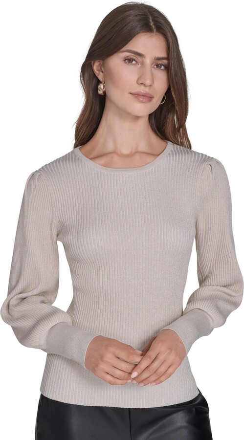 Halston Women's Crewneck Puff Sleeves Sweater - Cream/Gold