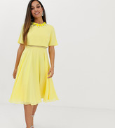 asos design midi dress with pinny bodice in 3d floral embellishment