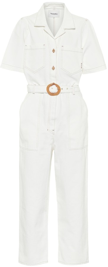 all white jean jumpsuit