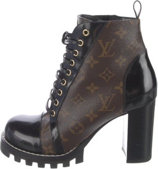 Louis Vuitton Ankle Lace-Up Boots Black & Brown Monogram Leather Trim Round-Toes Platform Designer