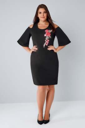 Yours Clothing PRASLIN Black Cold Shoulder Dress With Floral Embroidery
