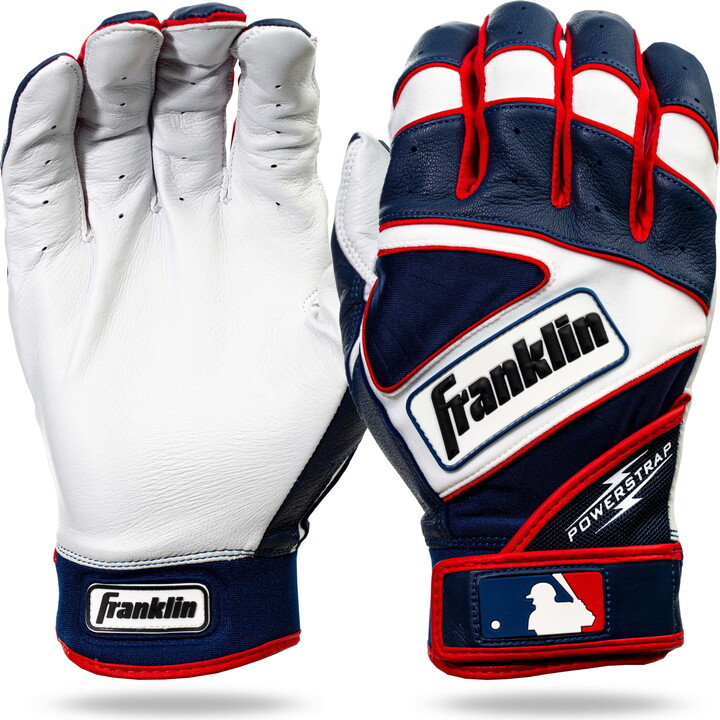 Franklin Sports MLB Batting Gloves - Powerstrap Adult + Youth Pearl/Navy/Red Batting Gloves - Baseball + Softball Batting Glove - Men's Gloves - Pair - Youth Medium