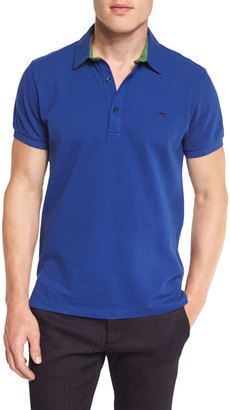 Etro Paisley-Trim Short-Sleeve Polo Shirt, Blue